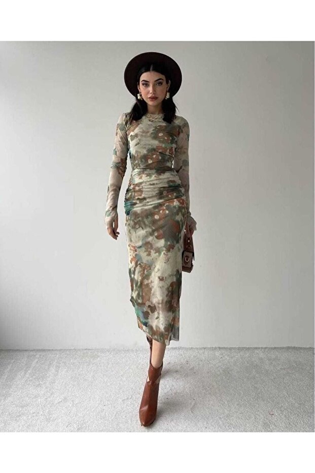Patterned Tulle Dress Green New Season