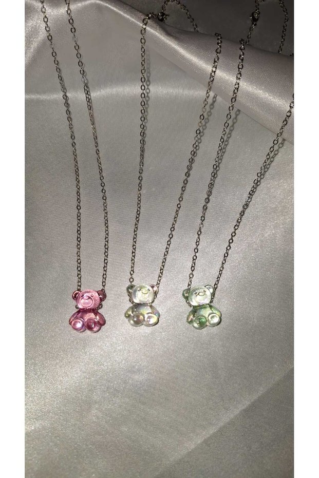 3Pcs Bff Necklace Friendship Necklace Pink Green Teddy Bear Necklace 3Pcs Necklace