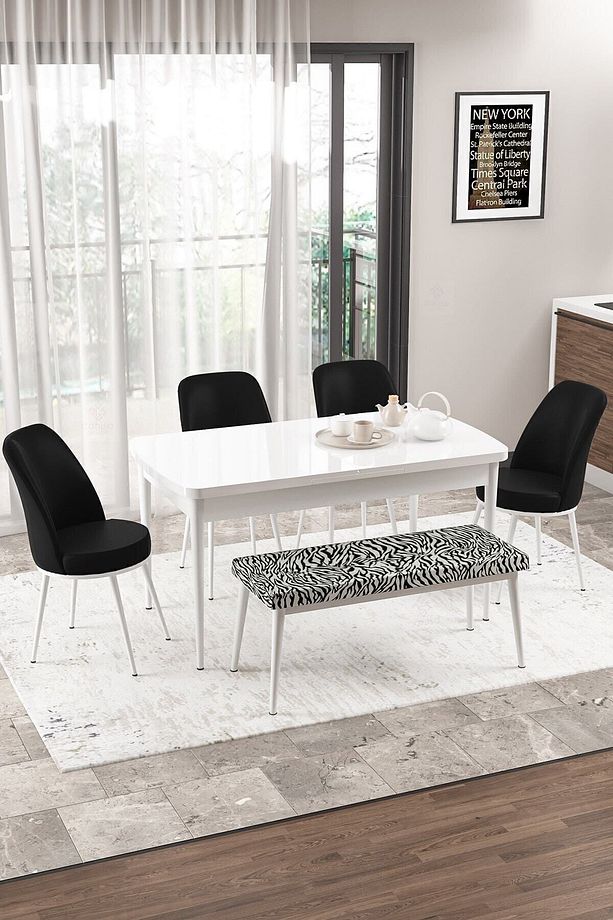 Via Serisi Açılabilir Mutfak Masası Takımı Beyaz Masa 4 Siyah Sandalye 1 Zebra Bench - 1