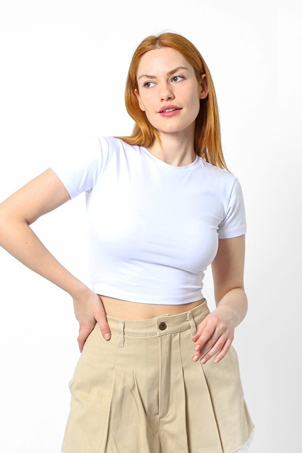 Basic Beyaz Kadın Crop Tshirt - 2