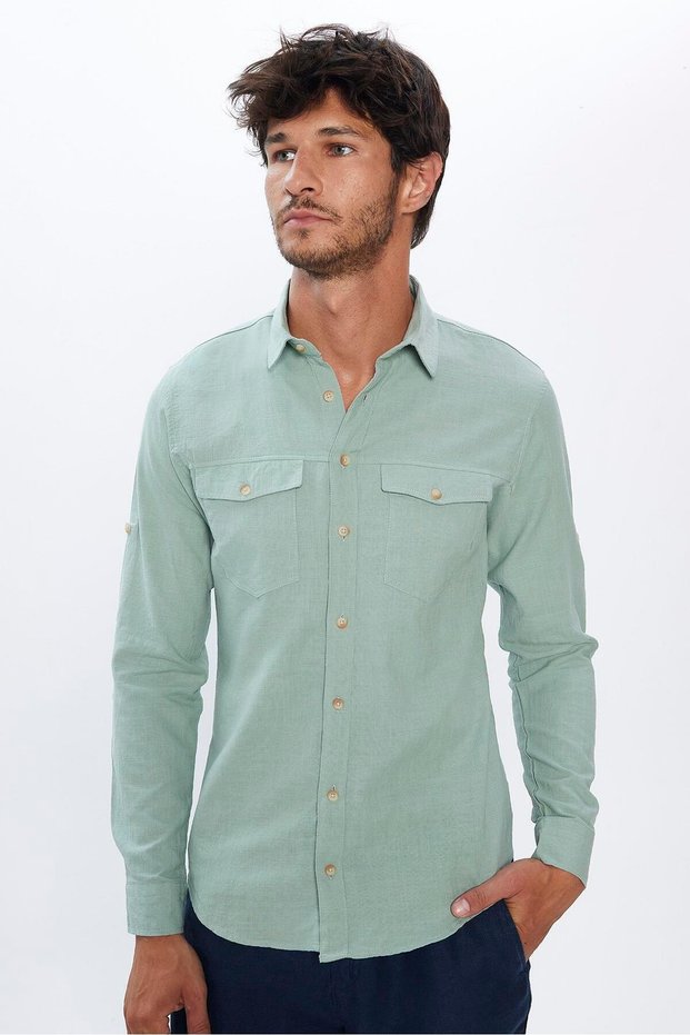 Men's Slim Fit Slim Fit Long Sleeve 100% Cotton Linen Texture Double Pocket Sports Lapel Green Shirt