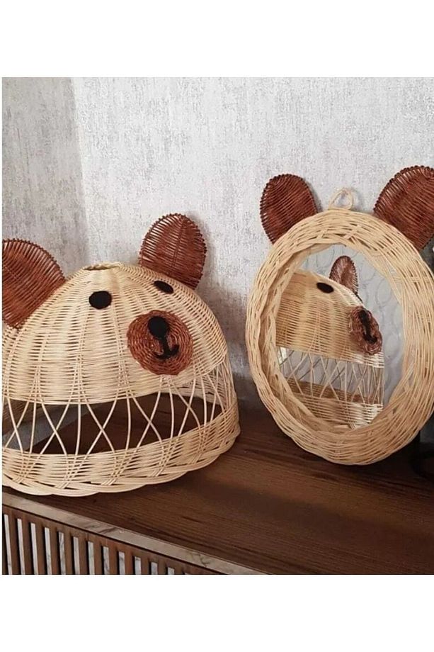 Çocuk Odası Panda Kulaklı Avize Ve Ayna Seti, Rattan Bambu Hasır Ayı Figürlü Avize Ayna - 5