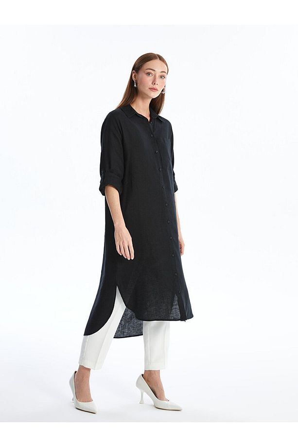 LCW Düz Oversize Keten Kadın Gömlek Tunik - 1