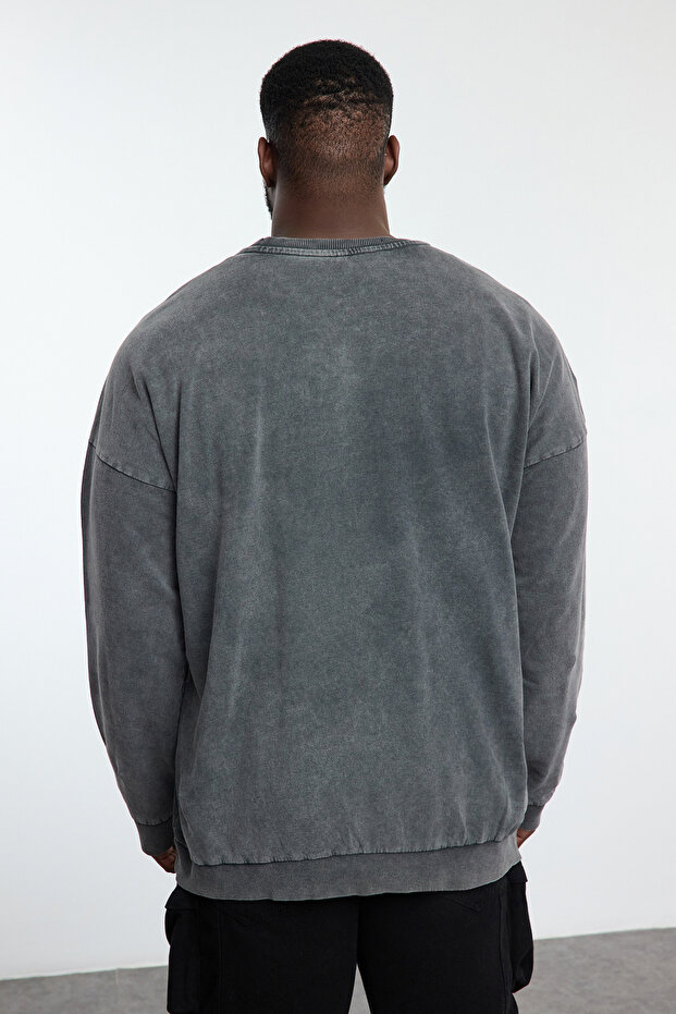 Veľká veľkosť antracitovej farby oversize bavlnená mikina – zúfalá a bledá detailná Tmnaw24Ao00031 - 5