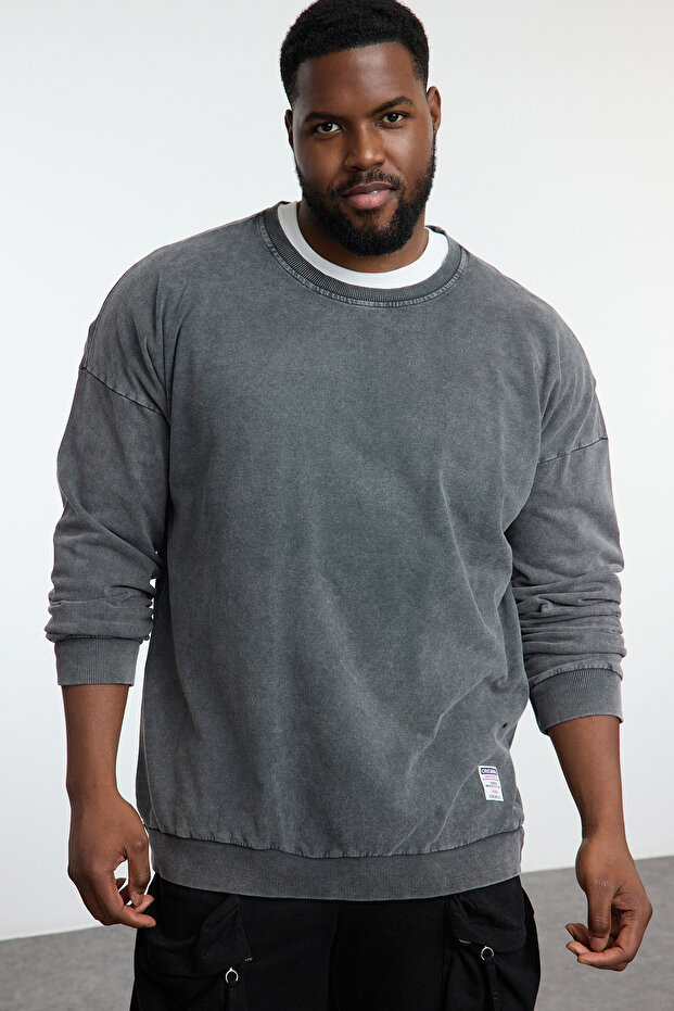 Veľká veľkosť antracitovej farby oversize bavlnená mikina – zúfalá a bledá detailná Tmnaw24Ao00031 - 1