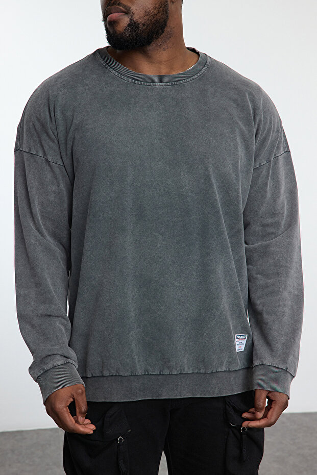 Veľká veľkosť antracitovej farby oversize bavlnená mikina – zúfalá a bledá detailná Tmnaw24Ao00031 - 3