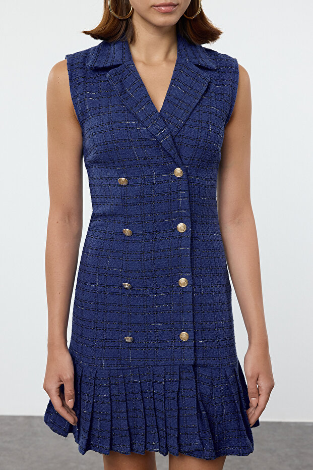 Mini tvídové tkané bundové šaty – modrý pléd, detail kostkovaného záhybu, Twoaw25el00159 - 3