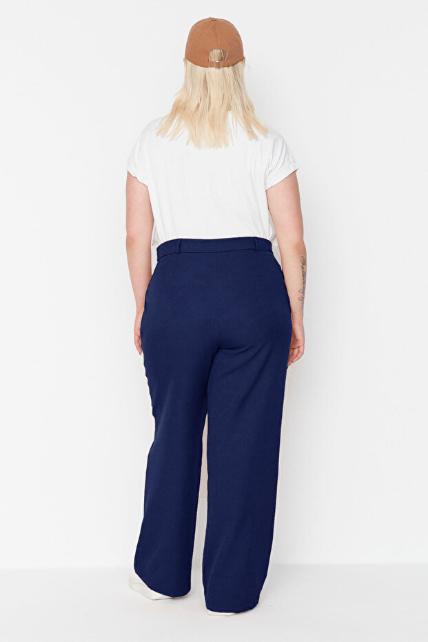 Granatowe szerokie nogawki, duże, tkane spodnie - TBBAW23AR00007 - 5
