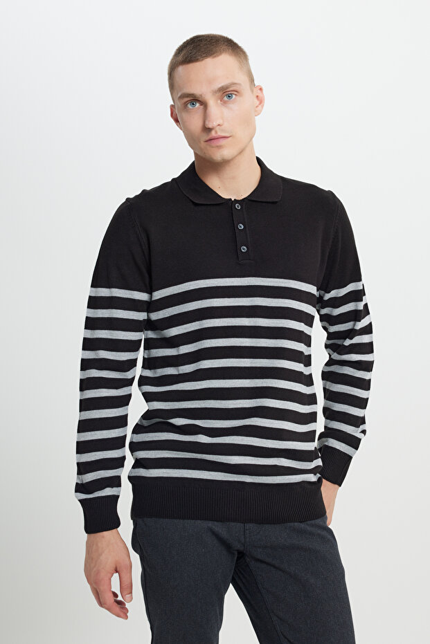 Men's Black-Anthracite Standard Fit Regular Cut Polo Collar Striped Knitwear Sweater