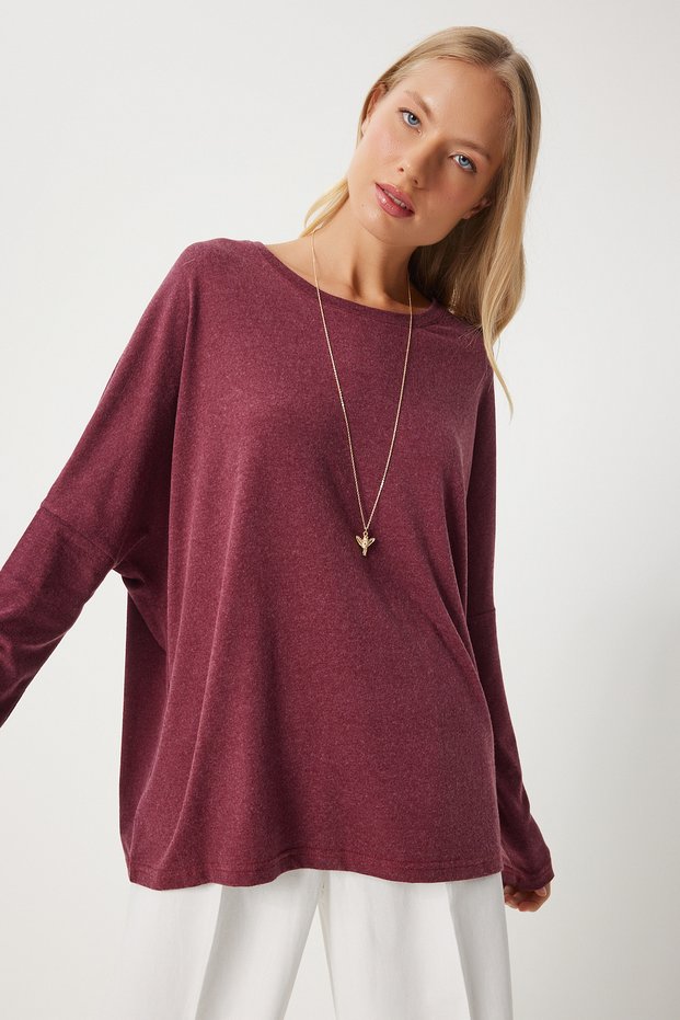 Women's Dusty Rose Crew Neck Bat Sleeve Knitted Blouse En00616
