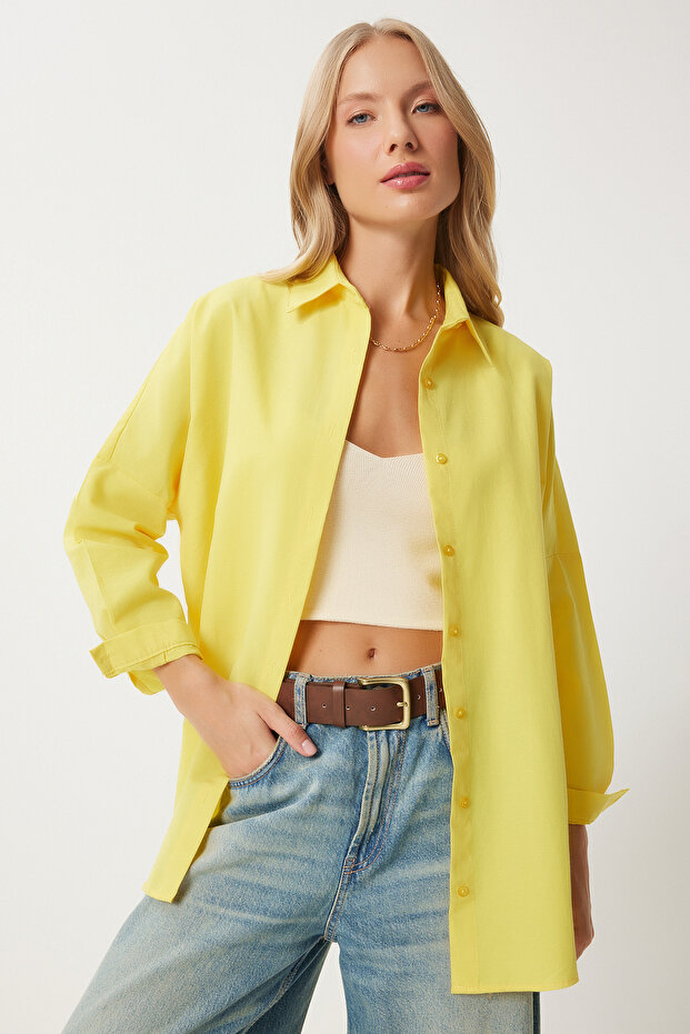 Women's Dark Yellow Oversize Long Basic Shirt Dd00842
