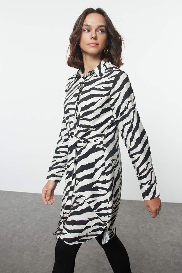 Siyah Zebra Desenli Dokuma Gofre Gömlek TCTSS24TG00069 - 2