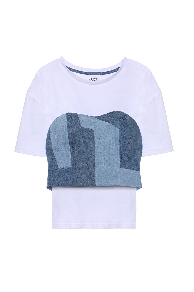 Kot Büstiyer Detaylı Basic Tişört Beyaz - 1