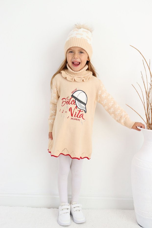 Girl's Sweater Beret and Neck Collar Knitwear Dress Set of 3
