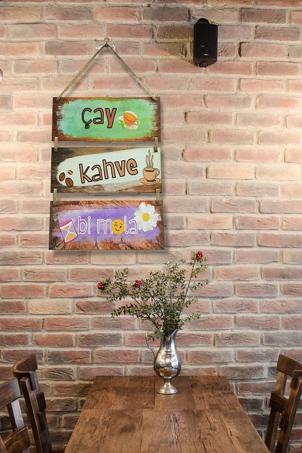 Çay Kahve Mola 3'lü Ipli Mdf Tablo Seti, Ev, Mutfak Cafe, Restoran Ahşap Duvar Süslemesi - 5