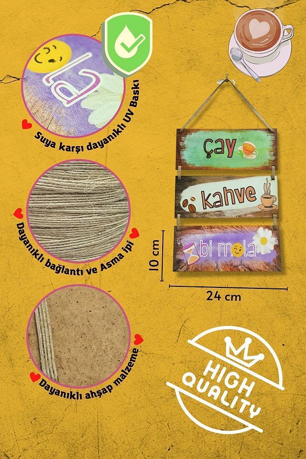 Çay Kahve Mola 3'lü Ipli Mdf Tablo Seti, Ev, Mutfak Cafe, Restoran Ahşap Duvar Süslemesi - 4