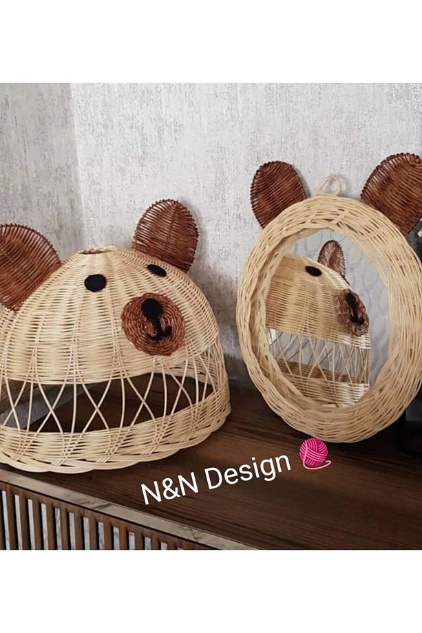 Çocuk Odası Panda Kulaklı Avize Ve Ayna Seti, Rattan Bambu Hasır Ayı Figürlü Avize Ayna - 1
