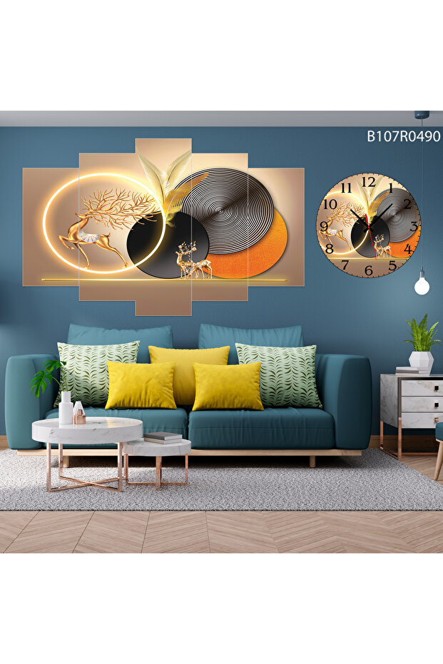 Parçalı Ahşap Duvar Tablo 5 Parça Set Ve saatli - 1