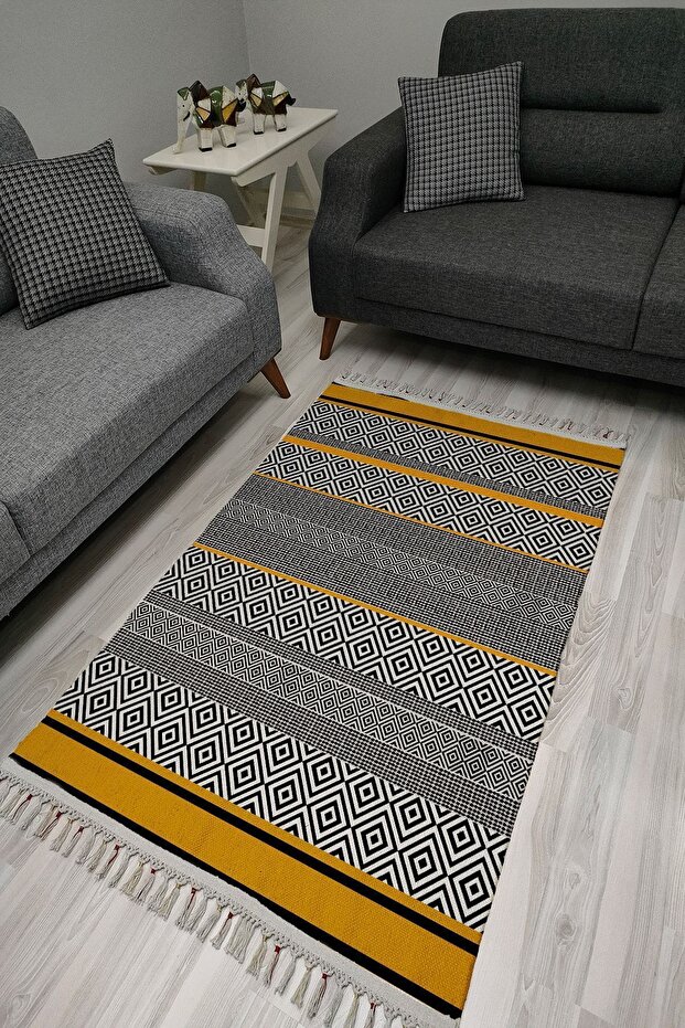 Cotton Rug 3004 Yellow Black Geometric Patterned Decorative Woven Base Rug