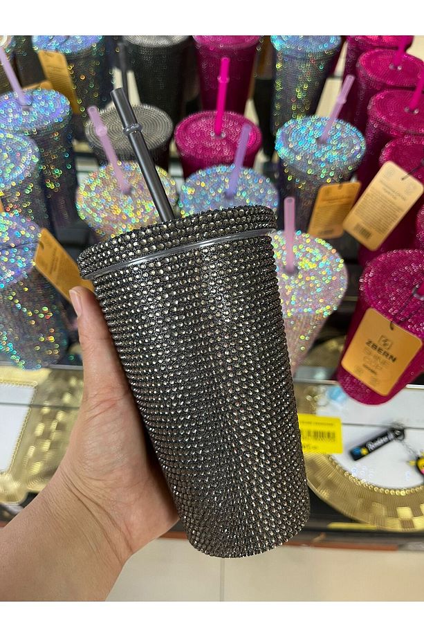Parlak Taşlı Pipetli Çift Kat Soğuk İçecek İçin Şık 500ml Mug Termos Bardak - 1