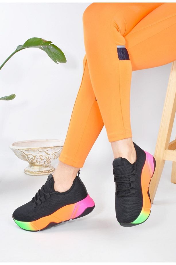 Günlük Siyah-multi Kadın Sneaker Bağcıklı Triko Esnek Hafif Ve Kalın Tabanlı Yürüyüş Spor Ayakkabı - 6
