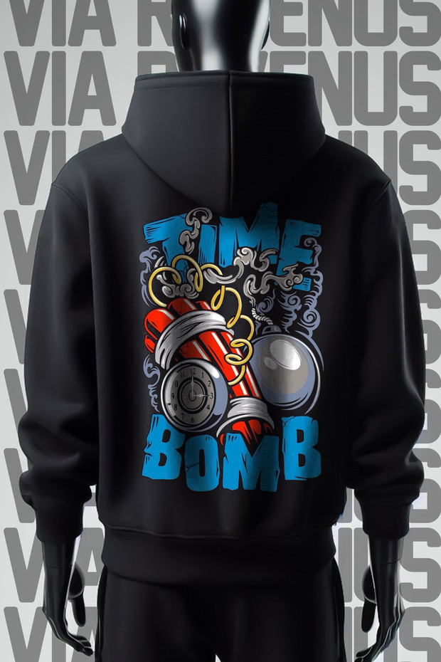 طباعة Time Bomb - سويت شيرت بقلنسوة أسود بعرض 3 خيوط