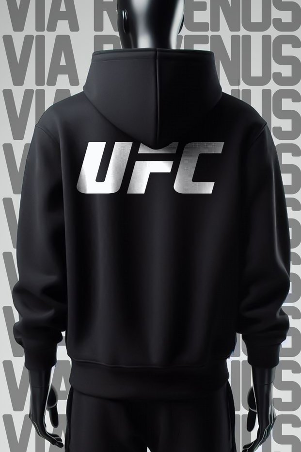 سويت شيرت أسود بغطاء للرأس مطبوع عليه 3 خيوط واسعة من الأمام والخلف من UFC