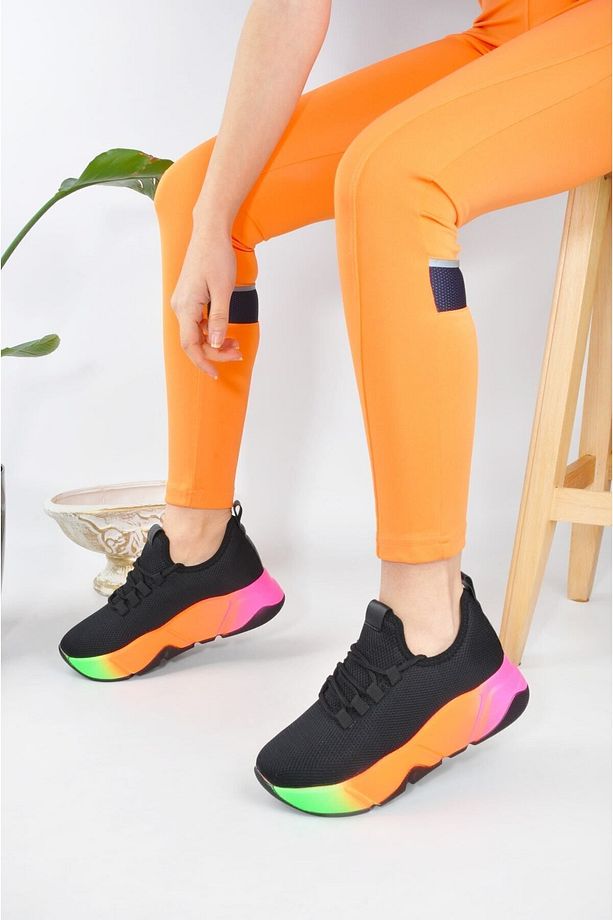 Günlük Siyah-multi Kadın Sneaker Bağcıklı Triko Esnek Hafif Ve Kalın Tabanlı Yürüyüş Spor Ayakkabı - 5