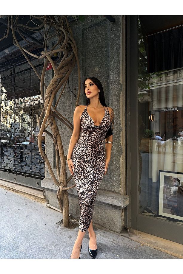Leopar Desenli Uzun Elbise - 4