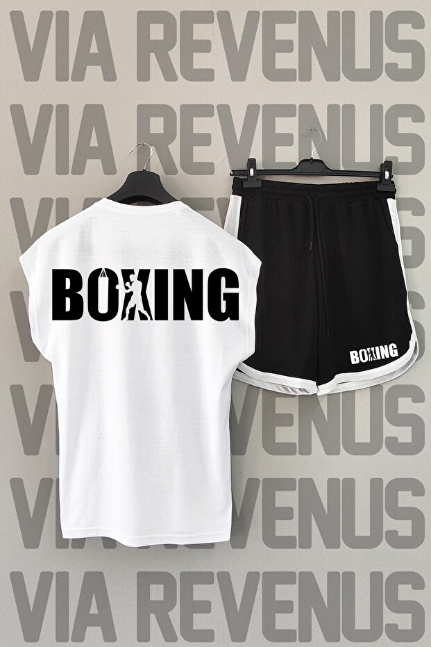 Boxing Back Printed White Zero Sleeve Sports Tshirt and Black Shorts Sport Set