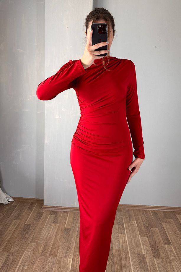 Kırmızı Kailey Drapeli Bisiklet Yaka Uzun Kol Maxi Elbise - 2