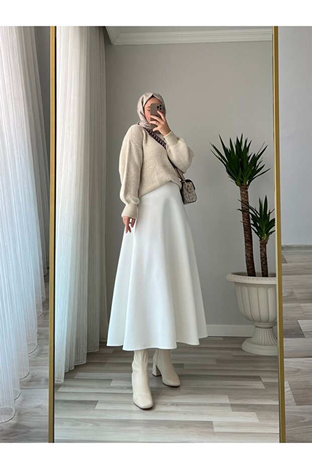 Women's Puff Scuba Hijab White Flared Skirt