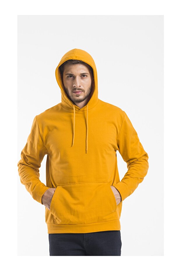 Mustard Yellow Printless Hooded Sweatshirt with Kangaroo Pocket