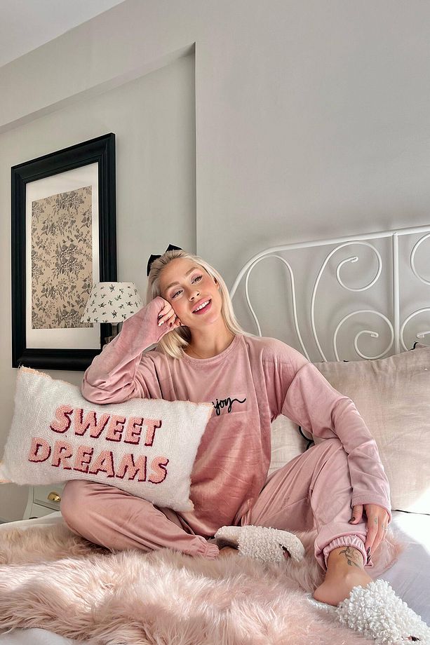 Pudra Enjoy Desenli Exclusive Kadife Kadın Pijama Takımı - 5