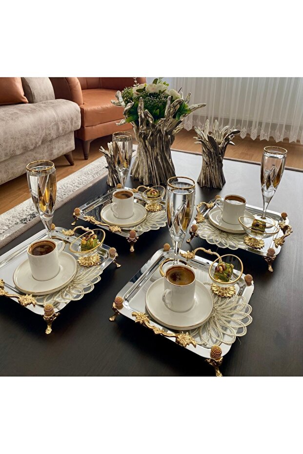 2-Piece Coffee & Tea & Presentation Tray Stainless with Luxury Legs and Handles 22 cm