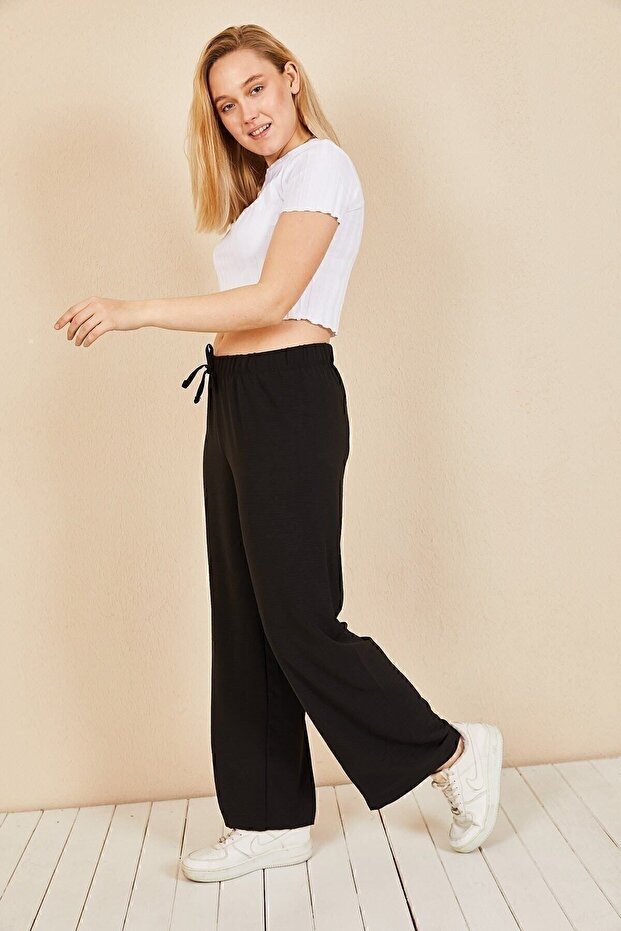 Women's Black Elastic Waist Wide Leg Loose Summer Trousers Aerobin-865829
