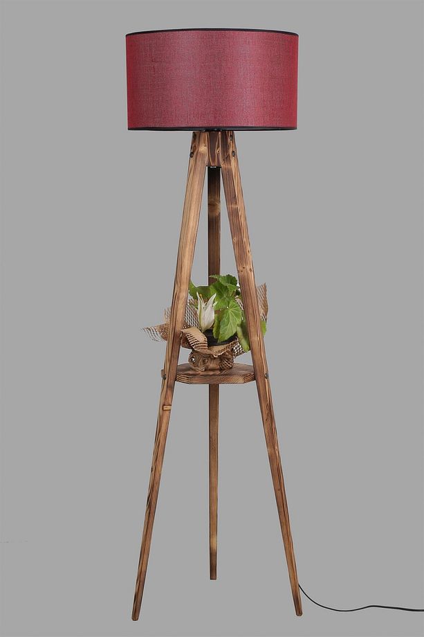 Sehbalı Tripod Yanık Lambader Silindir Hasır Bordo Abajurlu - 3