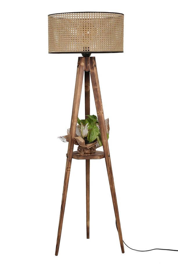 Sehbalı Tripod Lambader Yanık Silindir Rattan Abajurlu - 2