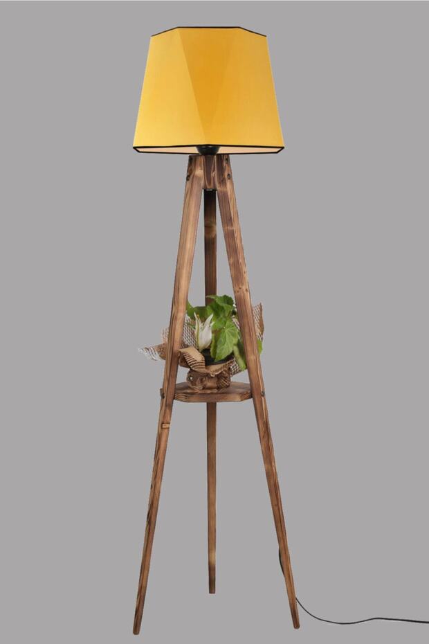 Sehbalı Tripod Lambader Yanık Altıgen Hardal Abajurlu - 2