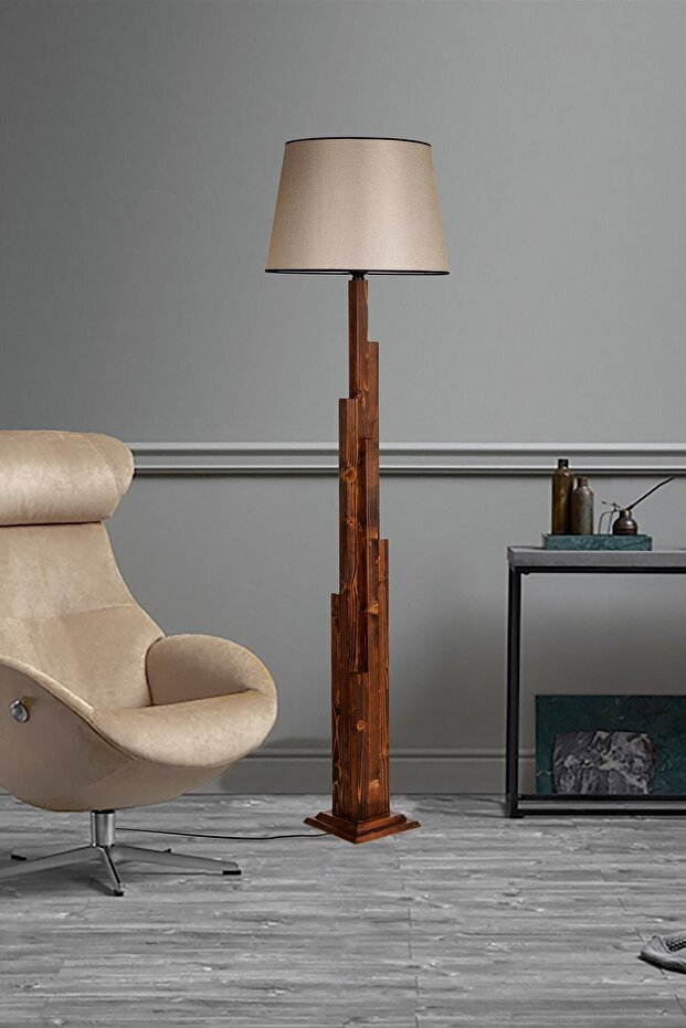 Kule Ceviz Ahşap Lambader Pramit Açık Hasır Abajurlu - 1