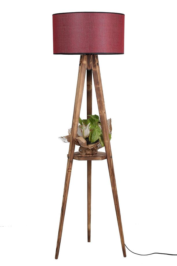 Sehbalı Tripod Yanık Lambader Silindir Hasır Bordo Abajurlu - 2