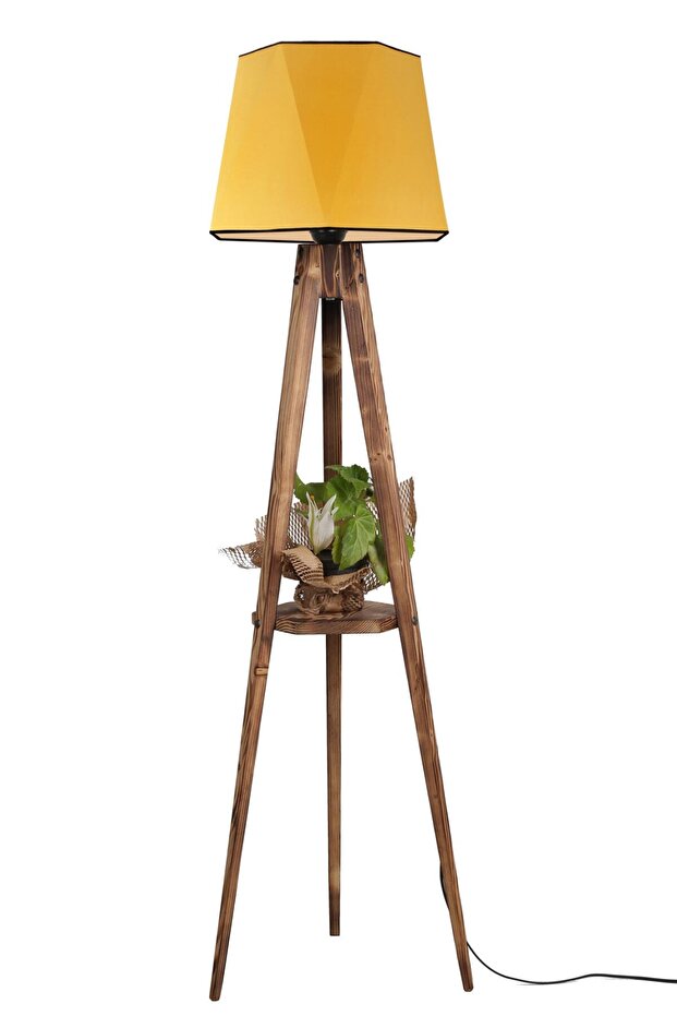 Sehbalı Tripod Lambader Yanık Altıgen Hardal Abajurlu - 1