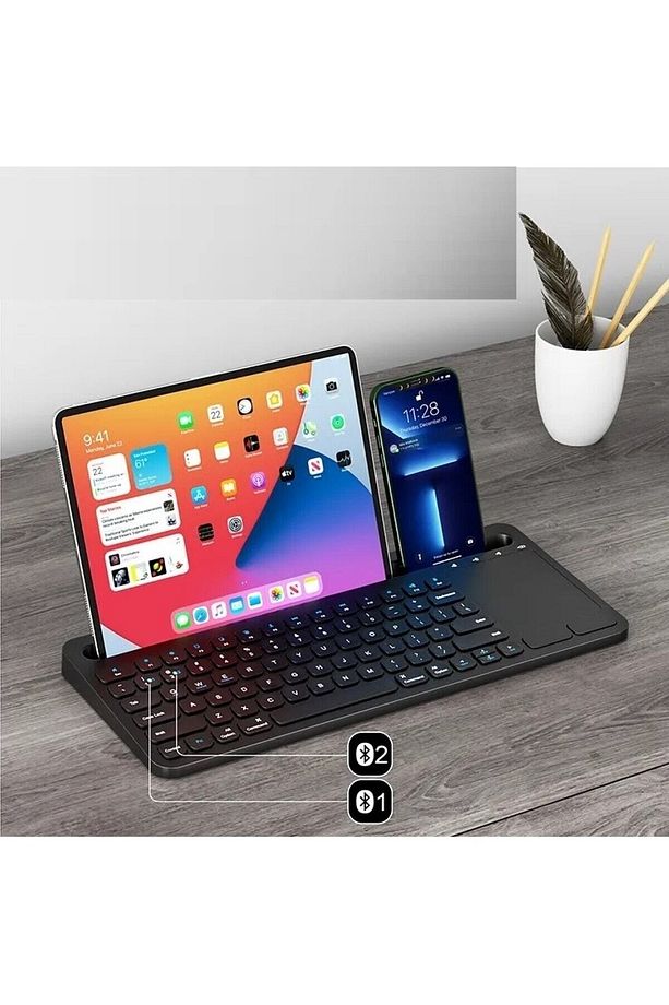 Apple Ipad Pro 12.9 2015 A1584 A1652 Uyumlu Kablosuz Standlı Şarjlı Bluetooth Touchpad Klavye - 1