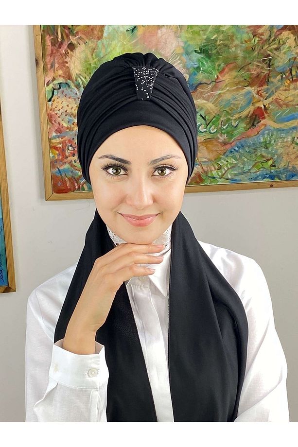 Hürrem Taşlı Tek Biritli Atkılı Siyah Bone - 4