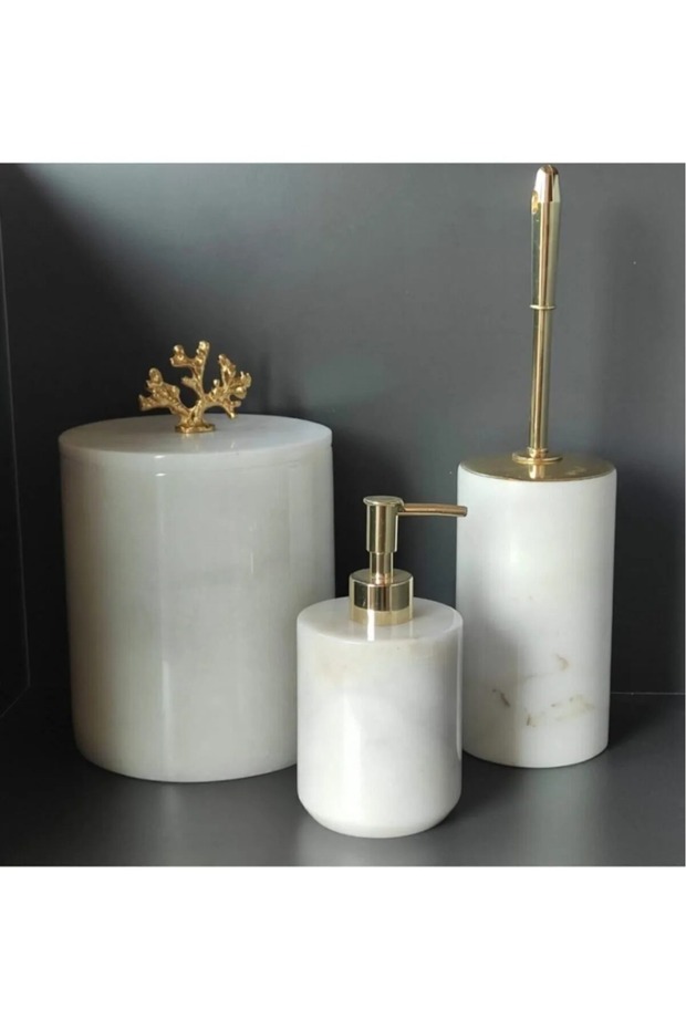 3 Piece White Marble Bathroom Set (Trash Bin, Toilet Brush, Liquid Soap Dispenser) Marble White