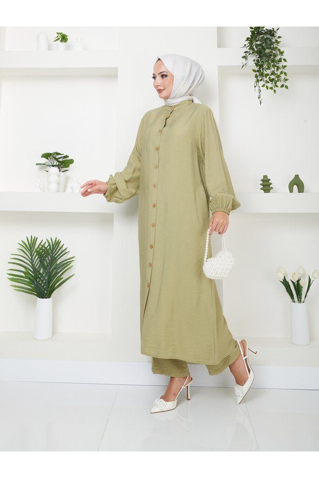 Hijab Trousers anD Tunic - mint Button DetaileD Double Set