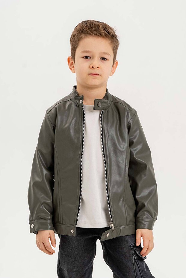 Zippered Snap Collar Boys' Leather Jacket