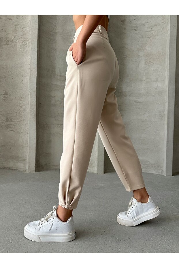 Women's Beige Pleated Button-Hem Trousers