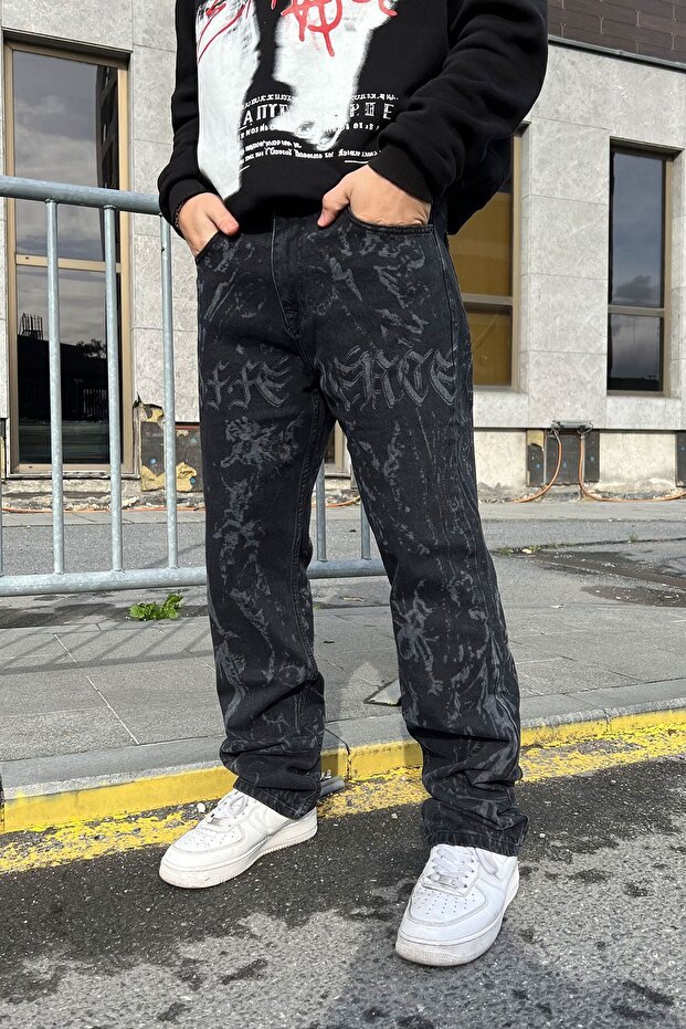 بنطال جينز فضفاض مطبوع بنمط مختلط - 3