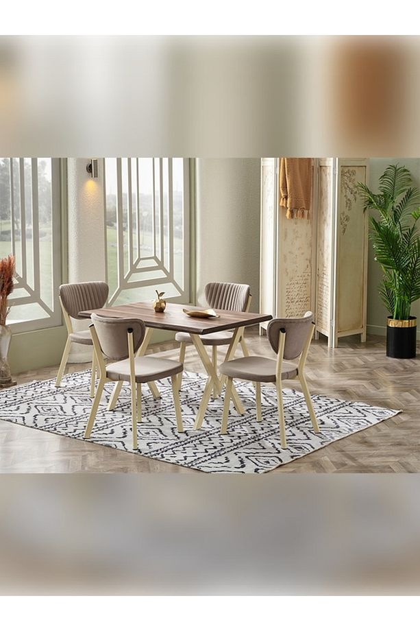 İkon Serisi,80x120 Kütük Ceviz Mutfak Masası Takımı Metal Siyak Ayak 4 Cappucino Sandalye - 1